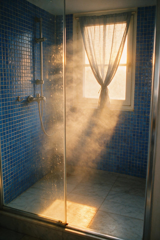 Ducha vacia con vapor y azulejos de mosaico azul cobalto